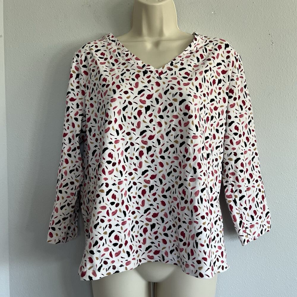 Chicos Womens Top Sz 2/L Abstract Floral V-Neck 3/4 Sleeve City Country Casual